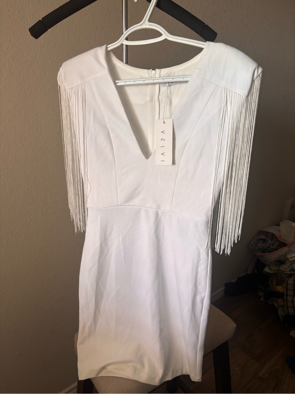 NWT Velvi Memphis Fringe Mini Dress White Bodycon Tassel V Neck Womens Small